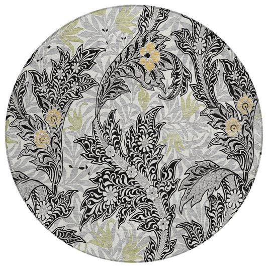 8' Black And Gray Round Botanical Leaves Washable Indoor Outdoor Area Rug