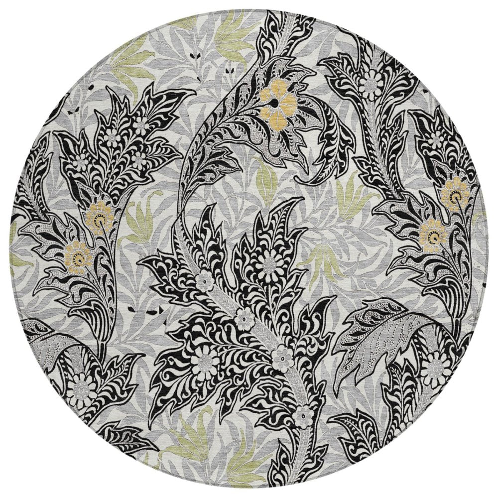 8' Black And Gray Round Botanical Leaves Washable Indoor Outdoor Area Rug — view 1