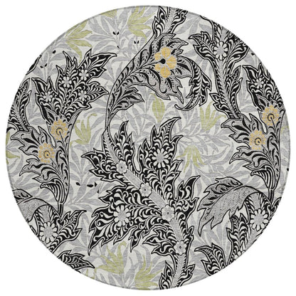 8' Black And Gray Round Botanical Leaves Washable Indoor Outdoor Area Rug HomeRoots