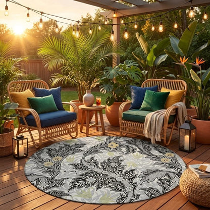 8' Black And Gray Round Botanical Leaves Washable Indoor Outdoor Area Rug HomeRoots