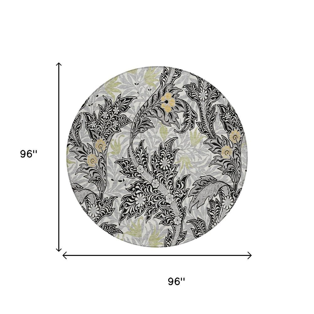 8' Black And Gray Round Botanical Leaves Washable Indoor Outdoor Area Rug HomeRoots