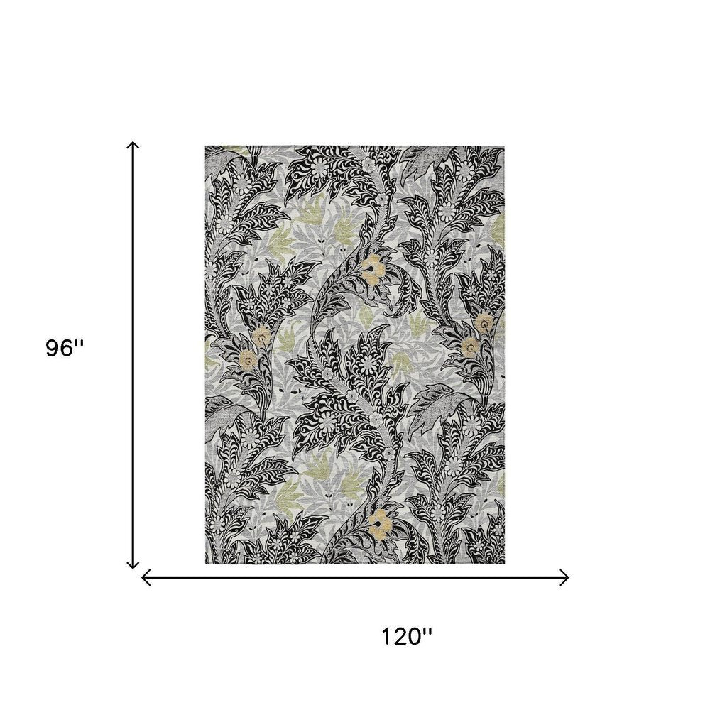 8' X 10' Black And Gray Botanical Leaves Washable Indoor Outdoor Area Rug HomeRoots