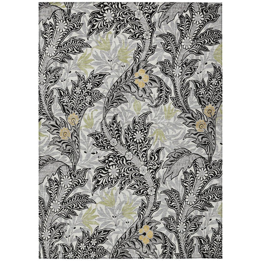 8' X 10' Black And Gray Botanical Leaves Washable Indoor Outdoor Area Rug