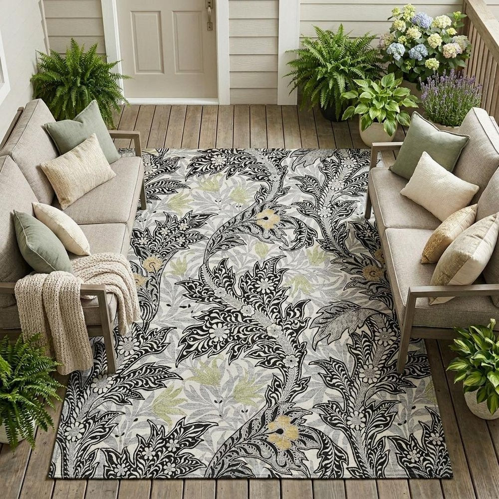 8' X 10' Black And Gray Botanical Leaves Washable Indoor Outdoor Area Rug HomeRoots