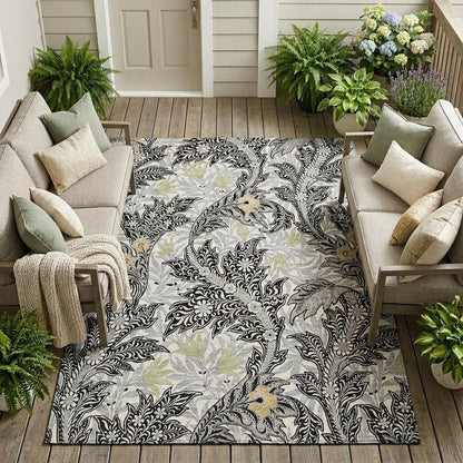 8' X 10' Black And Gray Botanical Leaves Washable Indoor Outdoor Area Rug HomeRoots
