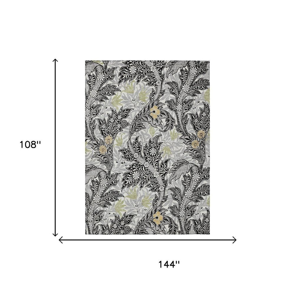 9' X 12' Black And Gray Botanical Leaves Washable Indoor Outdoor Area Rug — view 4