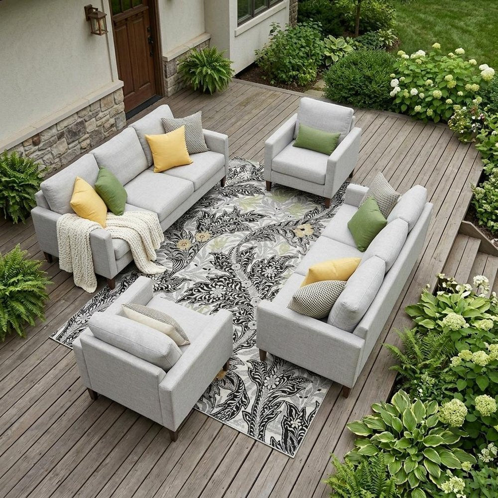 9' X 12' Black And Gray Botanical Leaves Washable Indoor Outdoor Area Rug HomeRoots