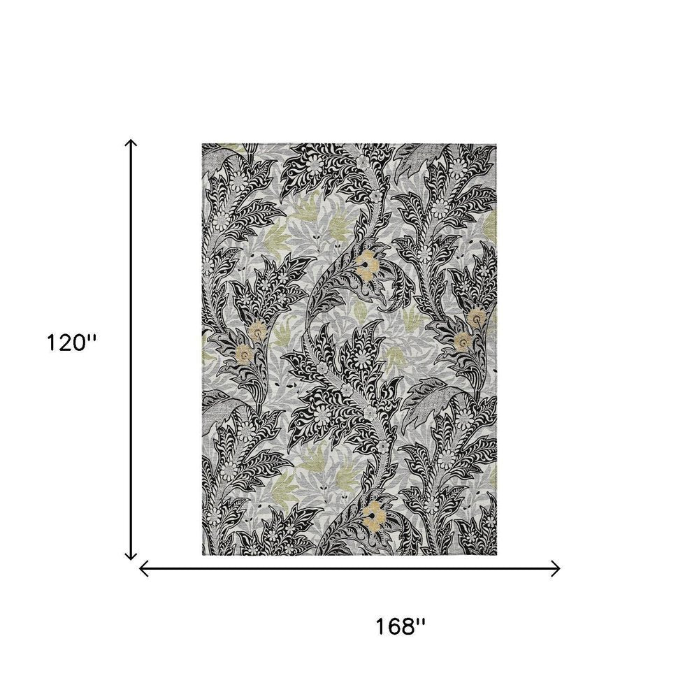 10' X 14' Black And Gray Botanical Leaves Washable Indoor Outdoor Area Rug — view 4