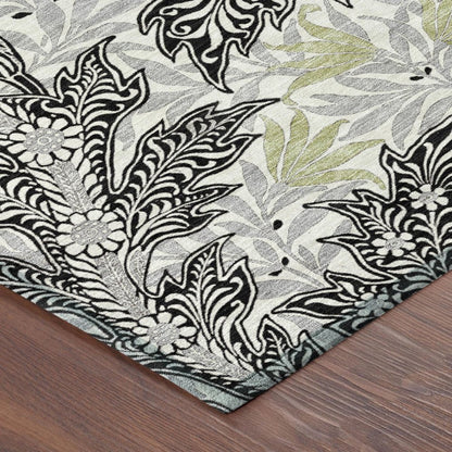 10' X 14' Black And Gray Botanical Leaves Washable Indoor Outdoor Area Rug HomeRoots