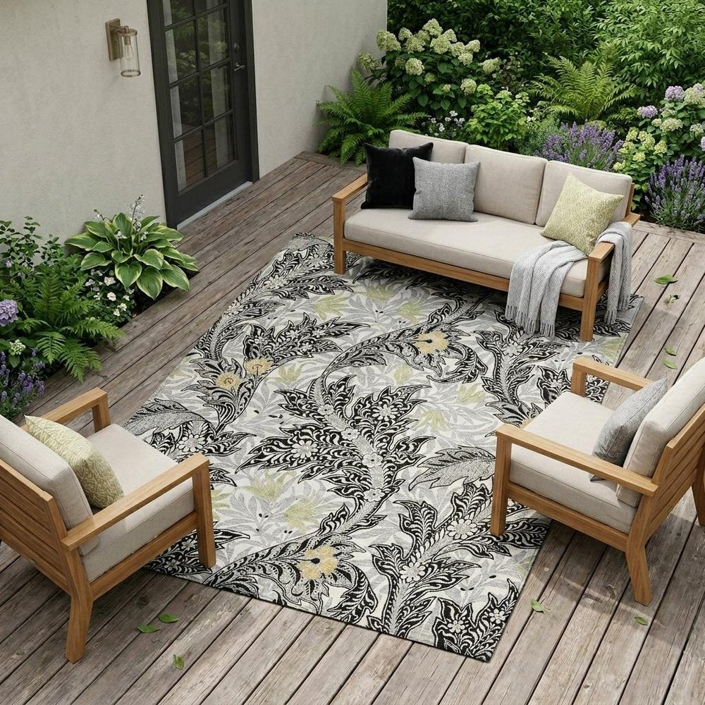 10' X 14' Black And Gray Botanical Leaves Washable Indoor Outdoor Area Rug HomeRoots