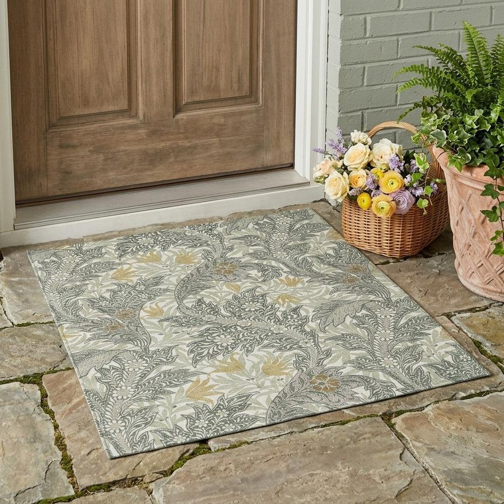3' X 5' Green And Silver Botanical Leaves Washable Indoor Outdoor Area Rug HomeRoots