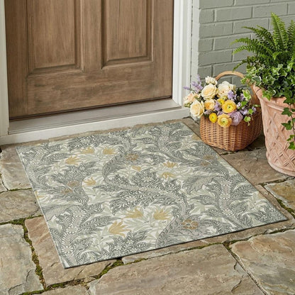 3' X 5' Green And Silver Botanical Leaves Washable Indoor Outdoor Area Rug HomeRoots