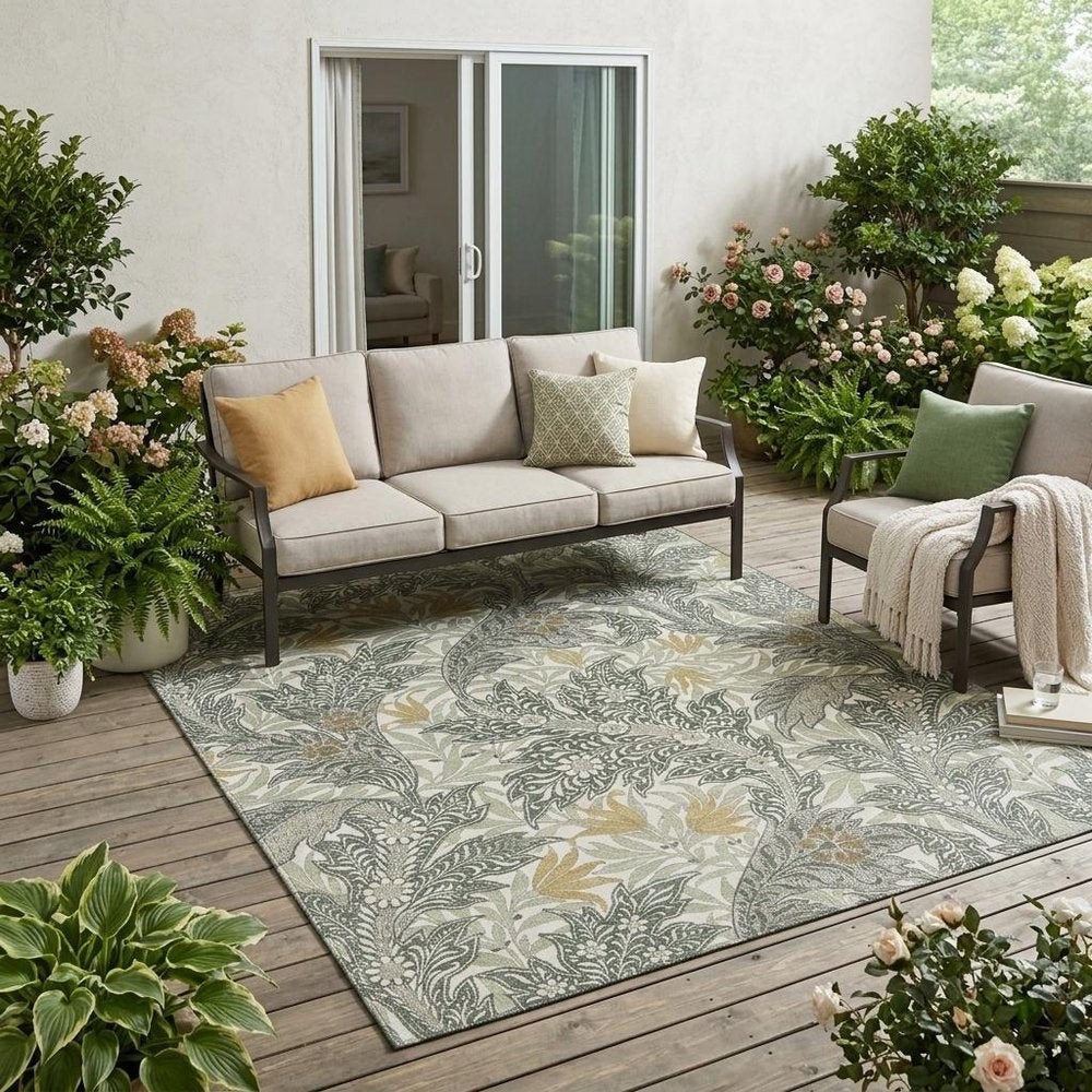 5' X 8' Green And Silver Botanical Leaves Washable Indoor Outdoor Area Rug HomeRoots