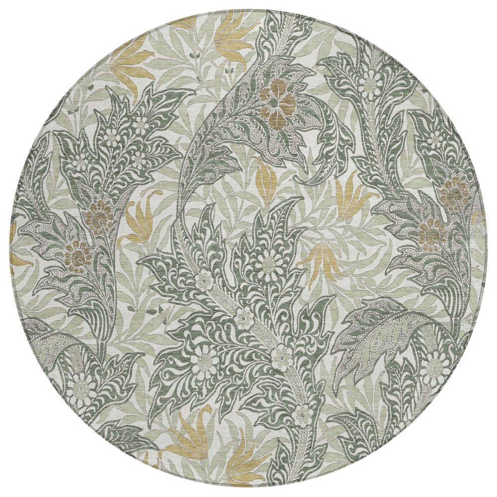 8' Green And Silver Round Botanical Leaves Washable Indoor Outdoor Area Rug HomeRoots