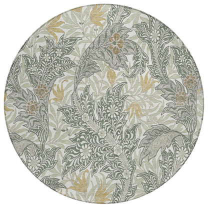 8' Green And Silver Round Botanical Leaves Washable Indoor Outdoor Area Rug HomeRoots