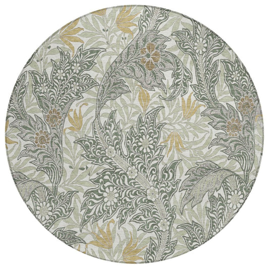 8' Green And Silver Round Botanical Leaves Washable Indoor Outdoor Area Rug