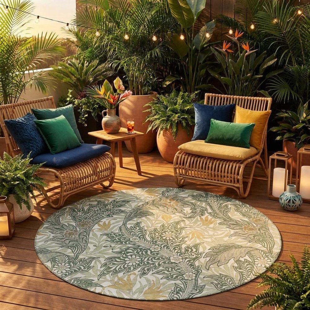 8' Green And Silver Round Botanical Leaves Washable Indoor Outdoor Area Rug HomeRoots