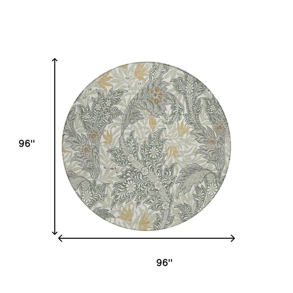 8' Green And Silver Round Botanical Leaves Washable Indoor Outdoor Area Rug