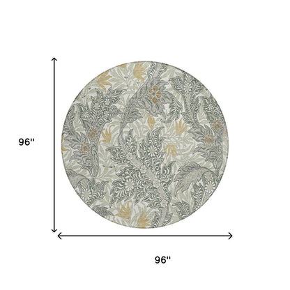 8' Green And Silver Round Botanical Leaves Washable Indoor Outdoor Area Rug HomeRoots