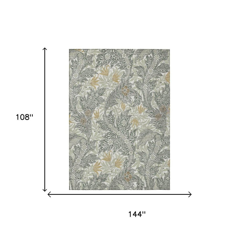 9' X 12' Green And Silver Botanical Leaves Washable Indoor Outdoor Area Rug — view 4