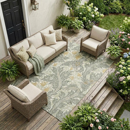9' X 12' Green And Silver Botanical Leaves Washable Indoor Outdoor Area Rug HomeRoots