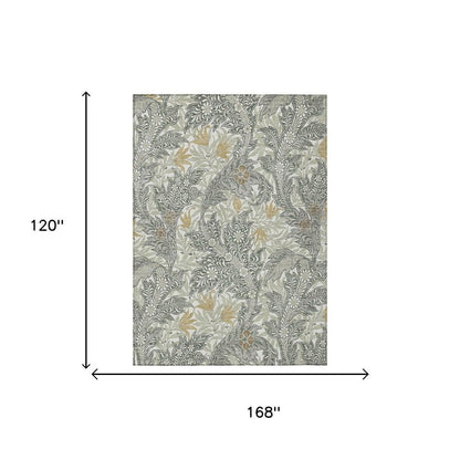 10' X 14' Green And Silver Botanical Leaves Washable Indoor Outdoor Area Rug