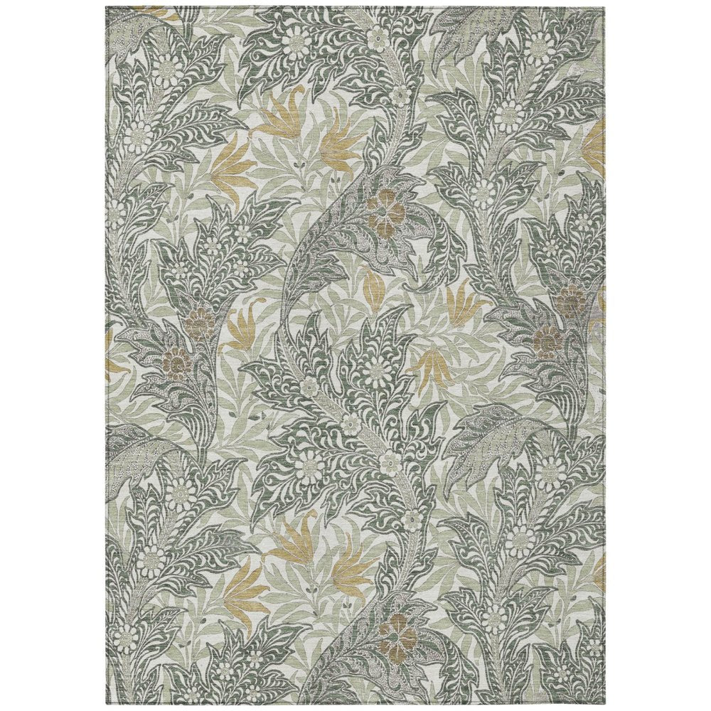 10' X 14' Green And Silver Botanical Leaves Washable Indoor Outdoor Area Rug — view 1