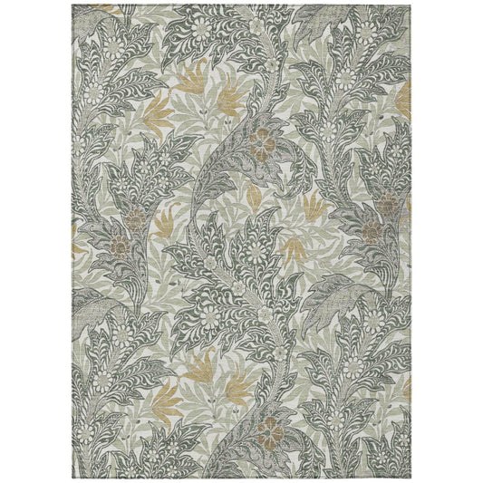 10' X 14' Green And Silver Botanical Leaves Washable Indoor Outdoor Area Rug