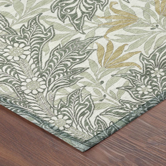 10' X 14' Green And Silver Botanical Leaves Washable Indoor Outdoor Area Rug
