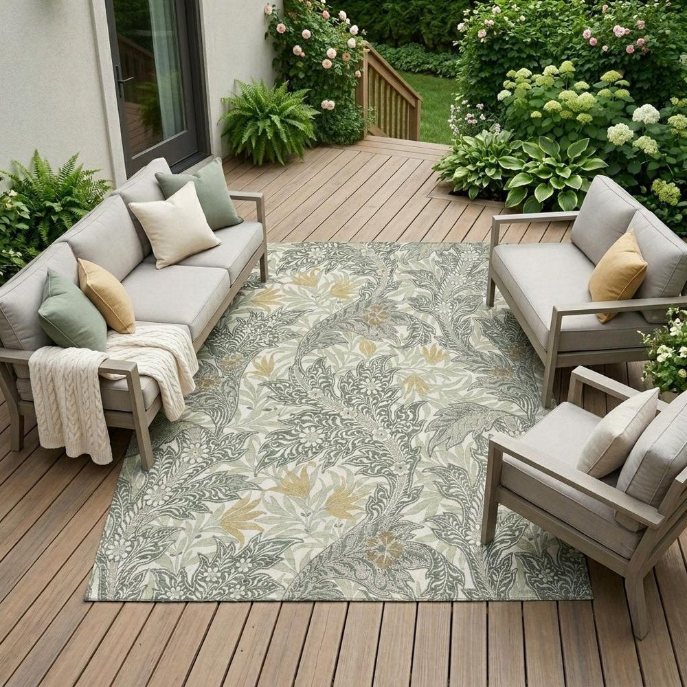 10' X 14' Green And Silver Botanical Leaves Washable Indoor Outdoor Area Rug — view 5