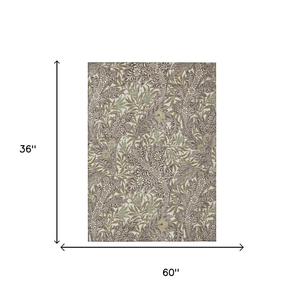 3' X 5' Coffee And Brown Botanical Leaves Washable Indoor Outdoor Area Rug