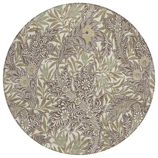 8' Coffee And Brown Round Botanical Leaves Washable Indoor Outdoor Area Rug