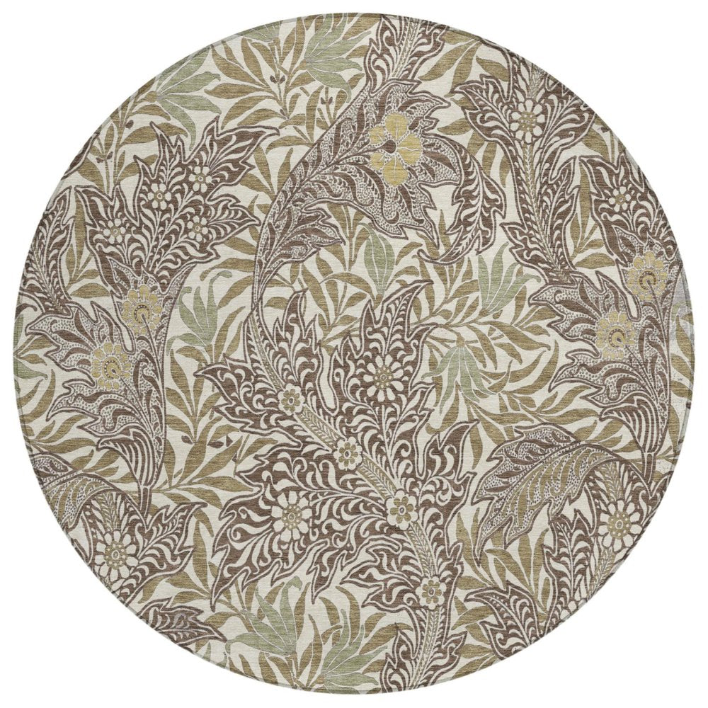8' Coffee And Brown Round Botanical Leaves Washable Indoor Outdoor Area Rug — view 1
