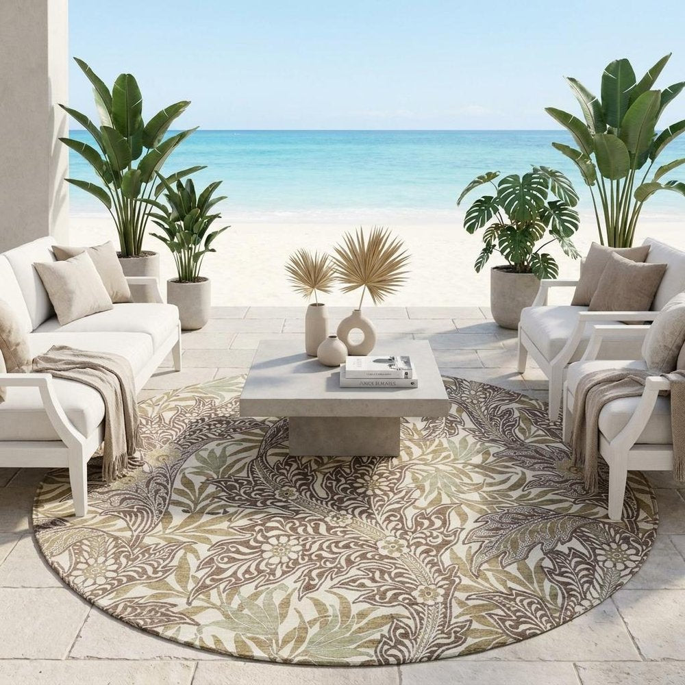 8' Coffee And Brown Round Botanical Leaves Washable Indoor Outdoor Area Rug — view 5