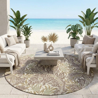 8' Coffee And Brown Round Botanical Leaves Washable Indoor Outdoor Area Rug HomeRoots