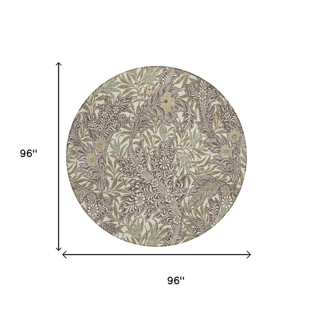 8' Coffee And Brown Round Botanical Leaves Washable Indoor Outdoor Area Rug HomeRoots