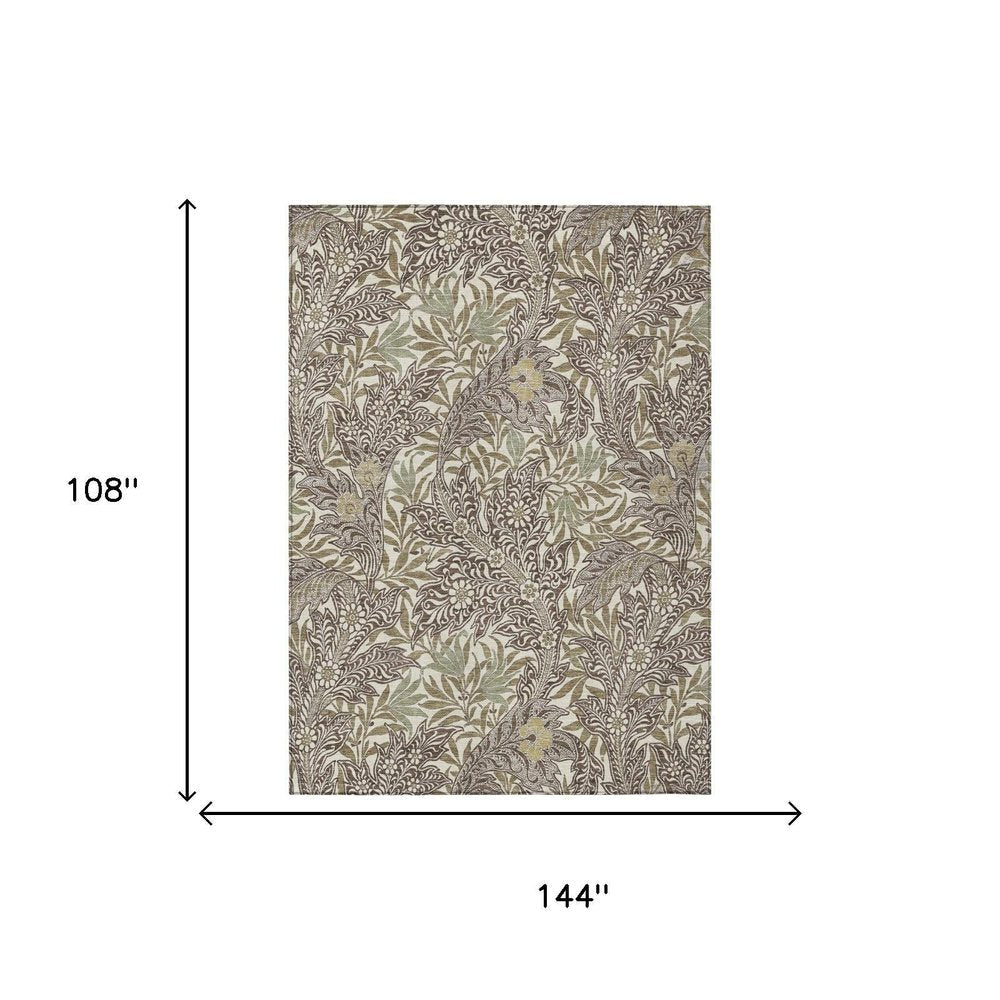 9' X 12' Coffee And Brown Botanical Leaves Washable Indoor Outdoor Area Rug HomeRoots