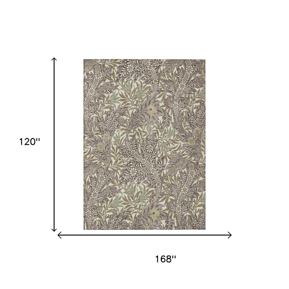 10' X 14' Coffee And Brown Botanical Leaves Washable Indoor Outdoor Area Rug HomeRoots