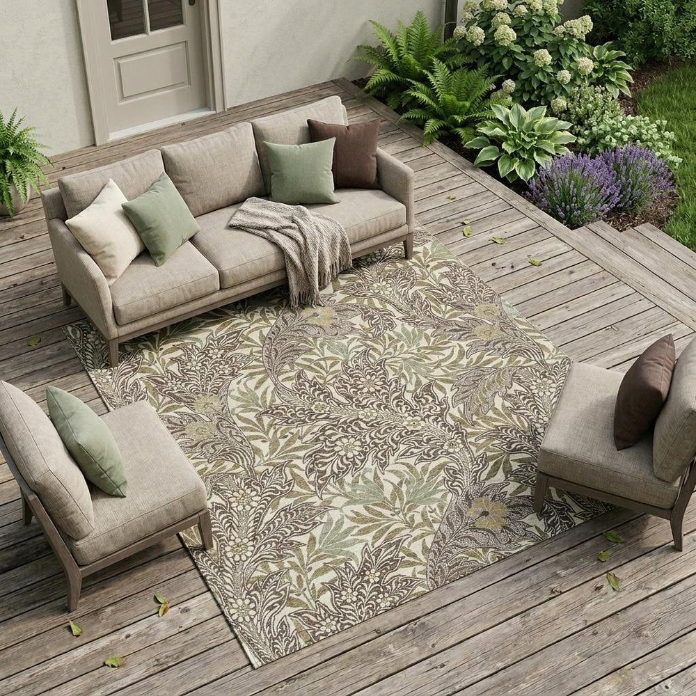10' X 14' Coffee And Brown Botanical Leaves Washable Indoor Outdoor Area Rug — view 5