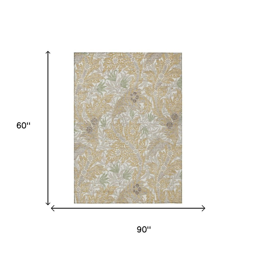 5' X 8' Gold And Silver Botanical Leaves Washable Indoor Outdoor Area Rug HomeRoots