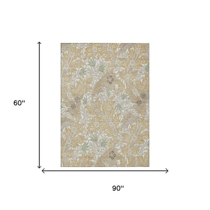 5' X 8' Gold And Silver Botanical Leaves Washable Indoor Outdoor Area Rug HomeRoots