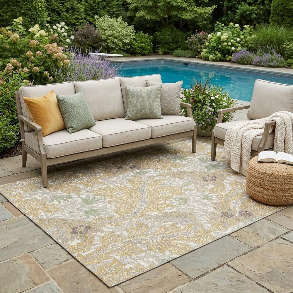 5' X 8' Gold And Silver Botanical Leaves Washable Indoor Outdoor Area Rug — view 5