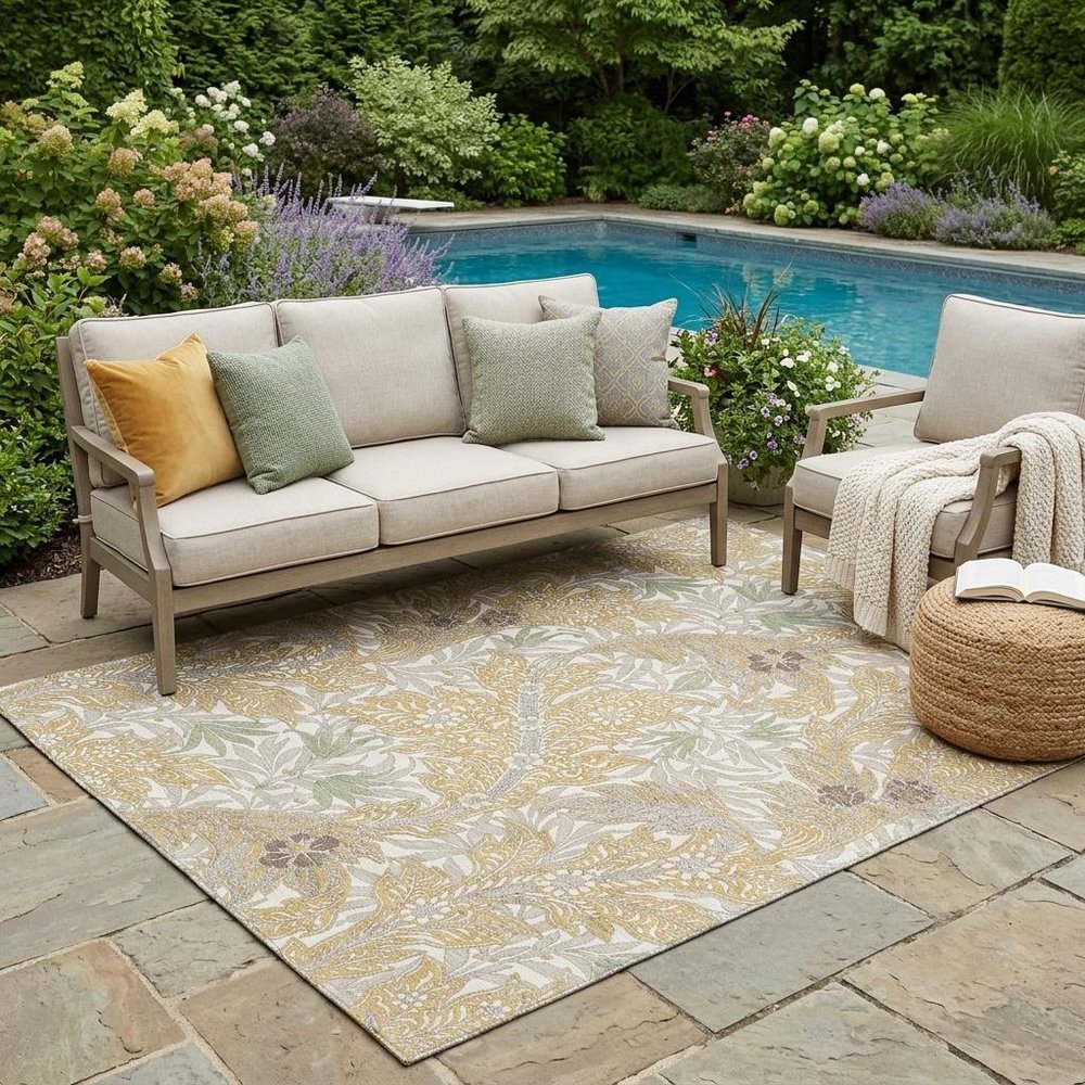 5' X 8' Gold And Silver Botanical Leaves Washable Indoor Outdoor Area Rug — view 5