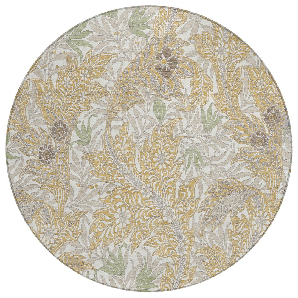 8' Gold And Silver Round Botanical Leaves Washable Indoor Outdoor Area Rug — view 1