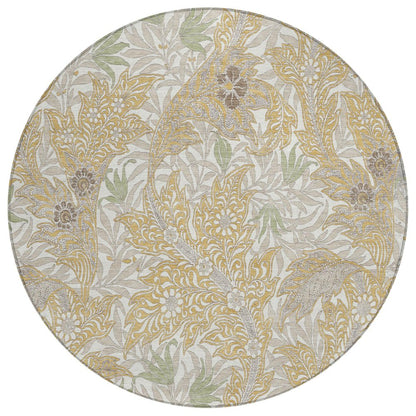 8' Gold And Silver Round Botanical Leaves Washable Indoor Outdoor Area Rug HomeRoots