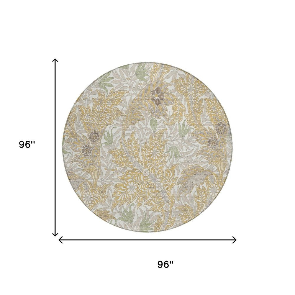 8' Gold And Silver Round Botanical Leaves Washable Indoor Outdoor Area Rug HomeRoots