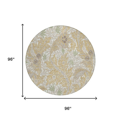 8' Gold And Silver Round Botanical Leaves Washable Indoor Outdoor Area Rug HomeRoots