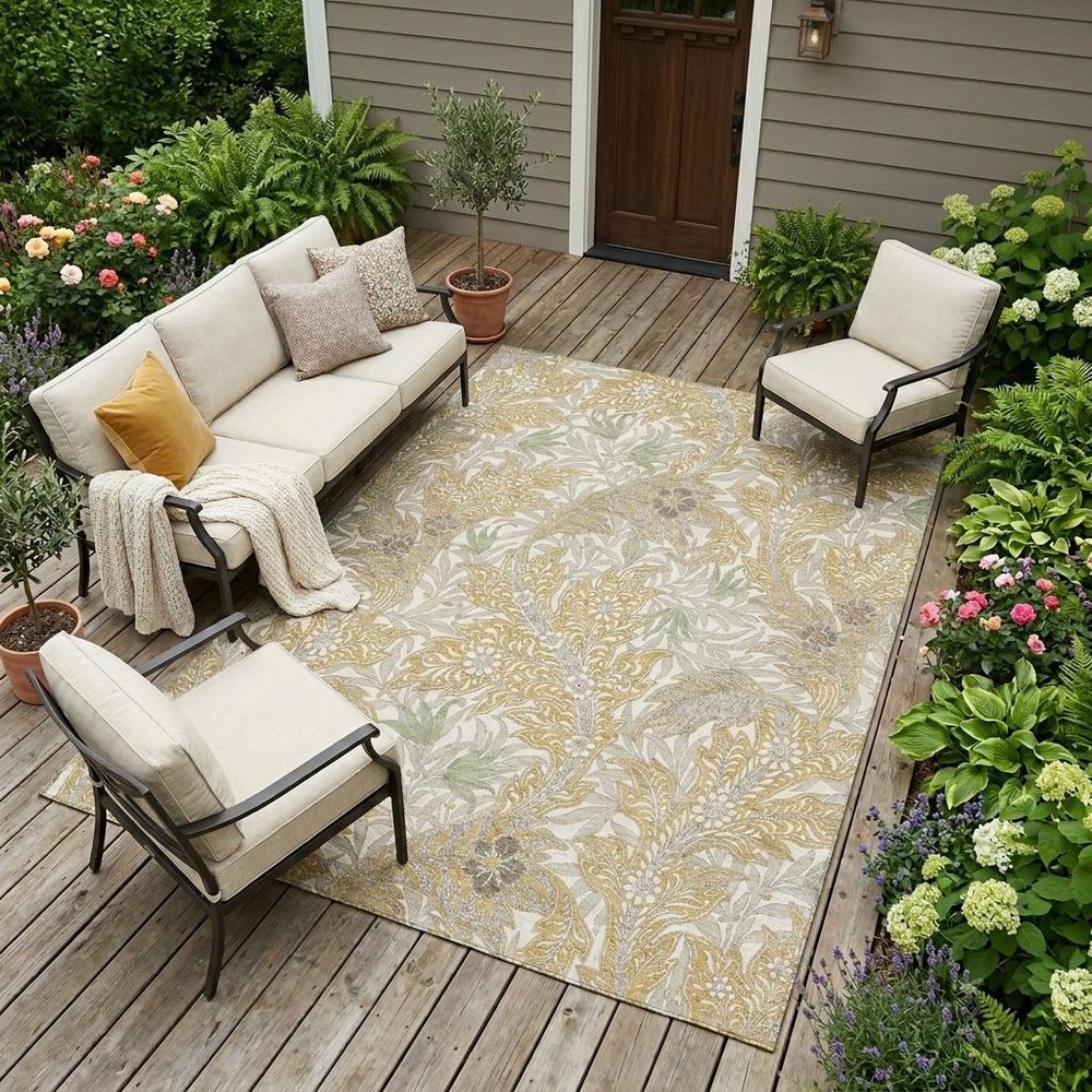 8' X 10' Gold And Silver Botanical Leaves Washable Indoor Outdoor Area Rug HomeRoots