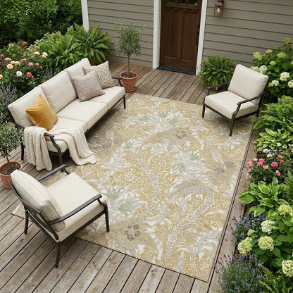 8' X 10' Gold And Silver Botanical Leaves Washable Indoor Outdoor Area Rug HomeRoots