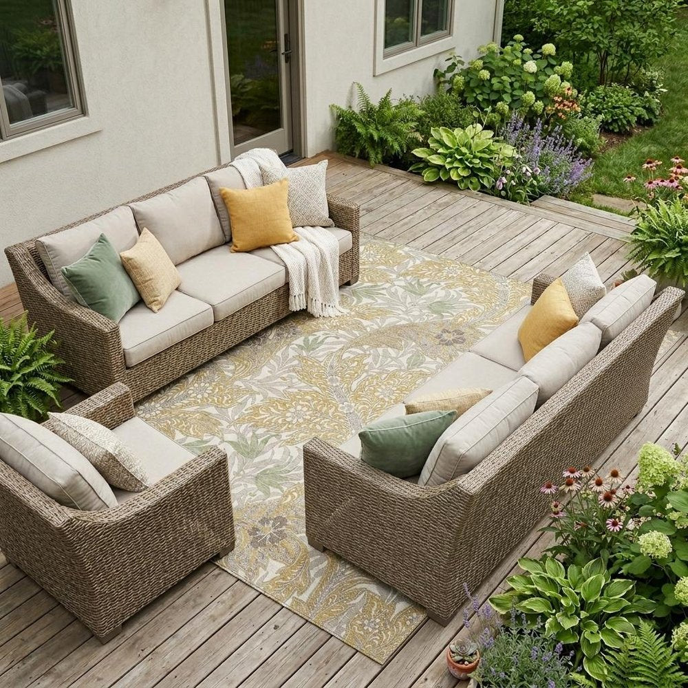 9' X 12' Gold And Silver Botanical Leaves Washable Indoor Outdoor Area Rug — view 5